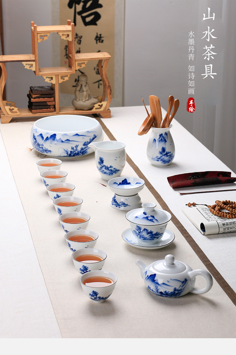 Chaoshan kungfu tea set suit household hand - made landscape light high - end key-2 luxury tureen tea cup of a complete set of ceramic teapot