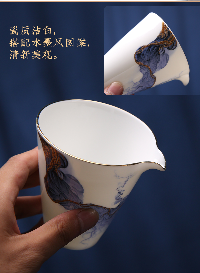 The Poly real scene dehua high - end white porcelain kung fu tea set golden years ink contracted only three tureen gift set