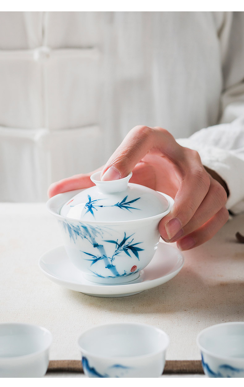 Jingdezhen ceramic hand - made only three tureen tea cups with cover plate white porcelain blue and white porcelain cup female ins contracted the cups