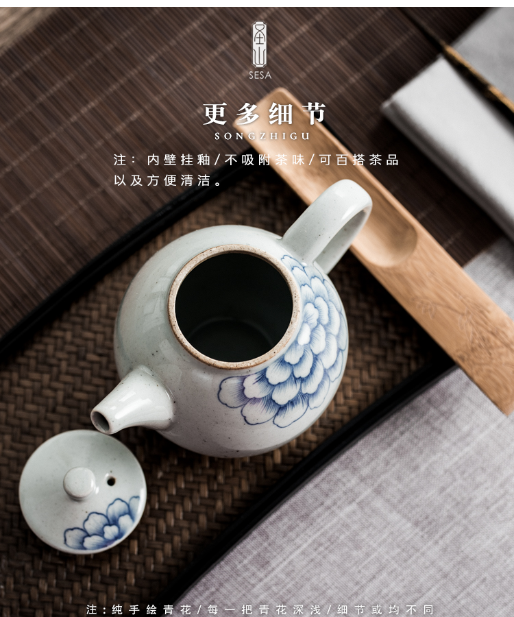 Poly real view jingdezhen blue and white peony antique teapot hand - made teapot kung fu tea thick clay POTS teapot by hand