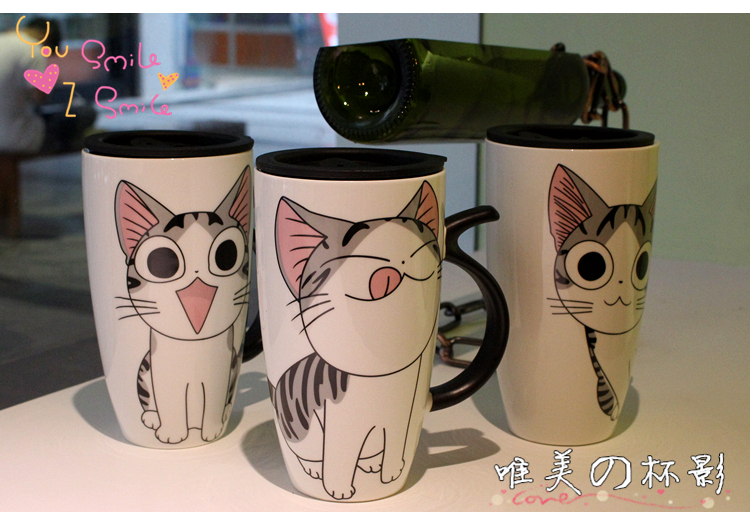 Creative express cartoon ceramic cups of milk coffee mugs move couples high - capacity spoon, drinking cup with cover