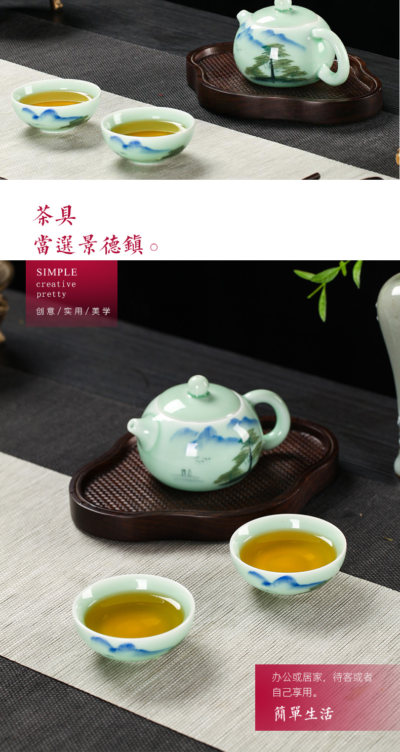 Poly real scene was suit household contracted jingdezhen ceramic celadon teapot teacup tea tray of a complete set of hand work