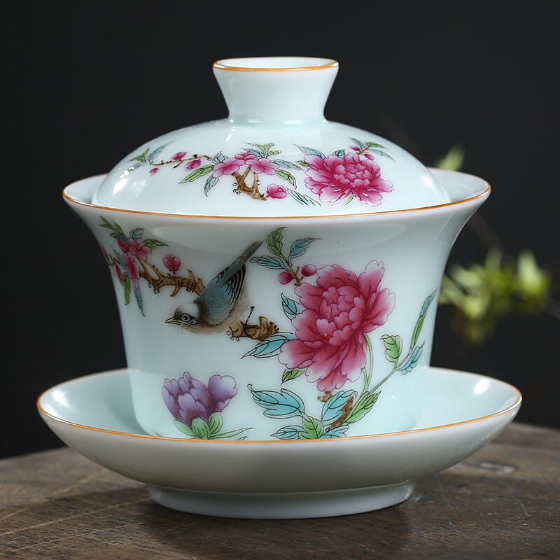 Poly real scene of jingdezhen ceramic tea set tureen tea cups three of the bowl bowl pastel shade celadon medium bowl of tea machine work