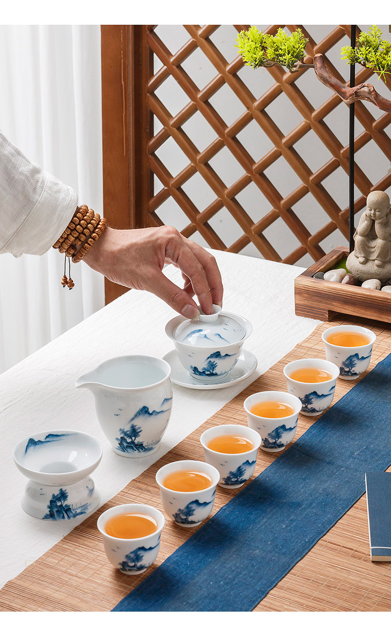 Jingdezhen ceramic hand - made kung fu tea set of blue and white porcelain household tureen tea cups white porcelain small set of living room