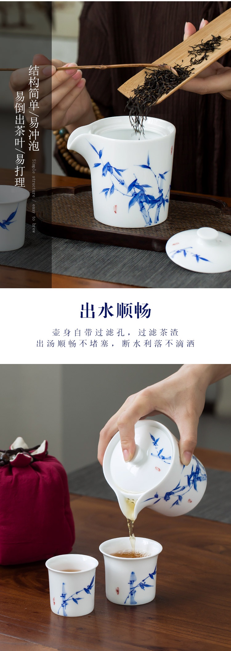 Poly real (portable travel scene jingdezhen hand - made kung fu tea set ceramic small suit a pot of blue and white porcelain is two cups