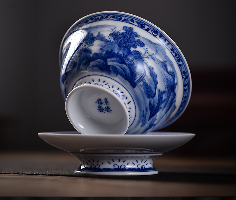 . Poly real scene three tureen suit only a single large jingdezhen checking home landscape thin foetus blue - and - white hand - made mercifully