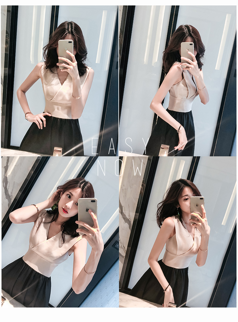 Không gian ngôn ngữ Hàn Quốc hè 2019 Phụ nữ mới Phiên bản Hàn Quốc của váy cổ chữ V gợi cảm eo cao là váy không tay mỏng - Váy eo cao đầm sơ mi thắt eo