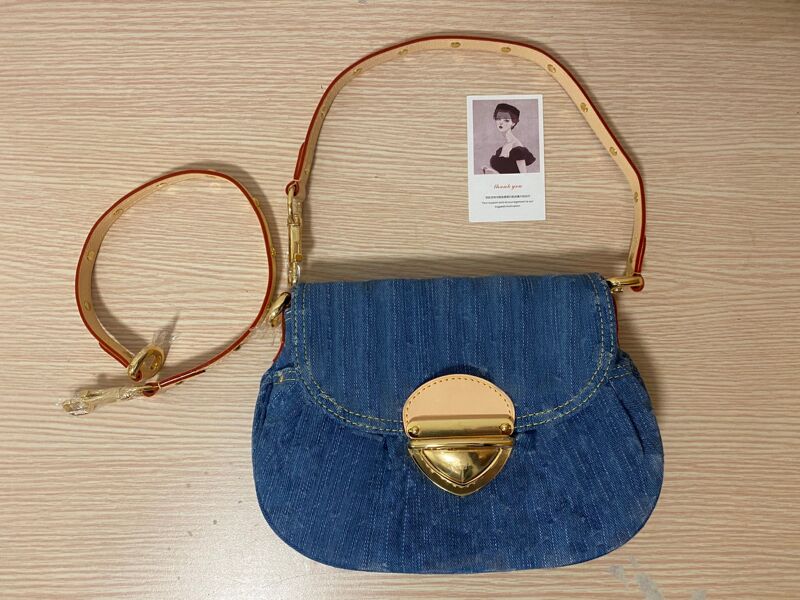 Rare Japanese Vintage Denim Bag with Gold Buckle, Baguette-Shaped, Underarm Bag for Women