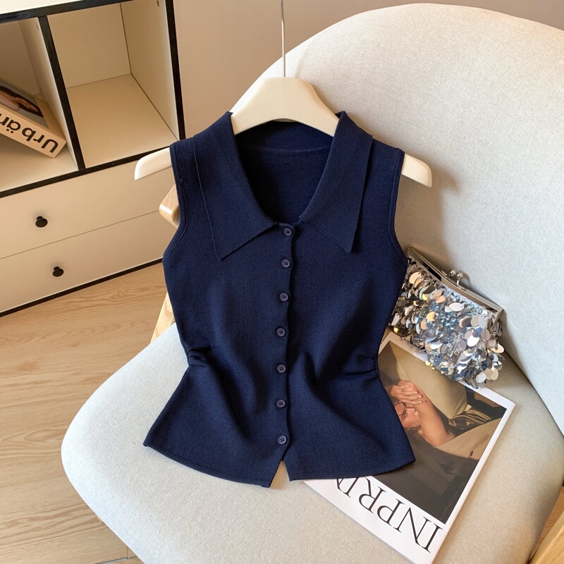 Extra Large Size 1.0-150kg Plus-Size Elegant Polo Collar Pleated Waist Sleeveless Knitted Vest Loose Women's Summer Top
