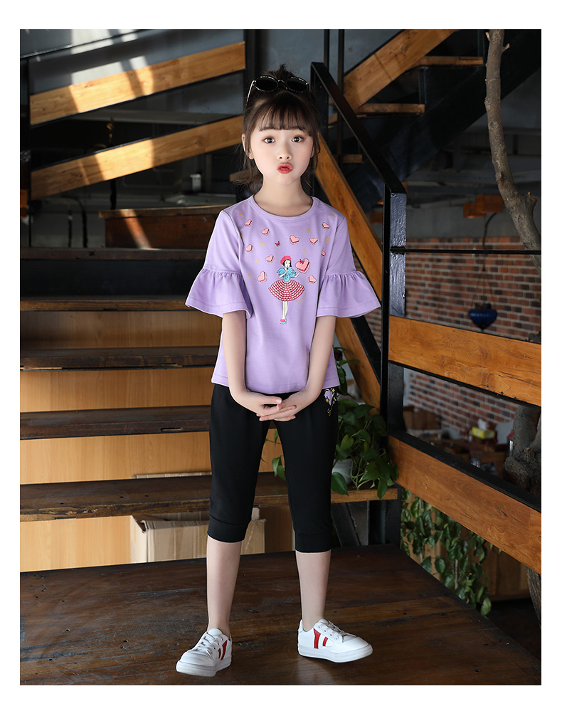 Cô gái mùa hè 2019 mới ngắn tay nữ lớn trẻ em mùa hè phù hợp với xu hướng nước ngoài lá sen tay áo hoạt hình quần áo trẻ em phụ nữ - Phù hợp với trẻ em váy trẻ em hàn quốc