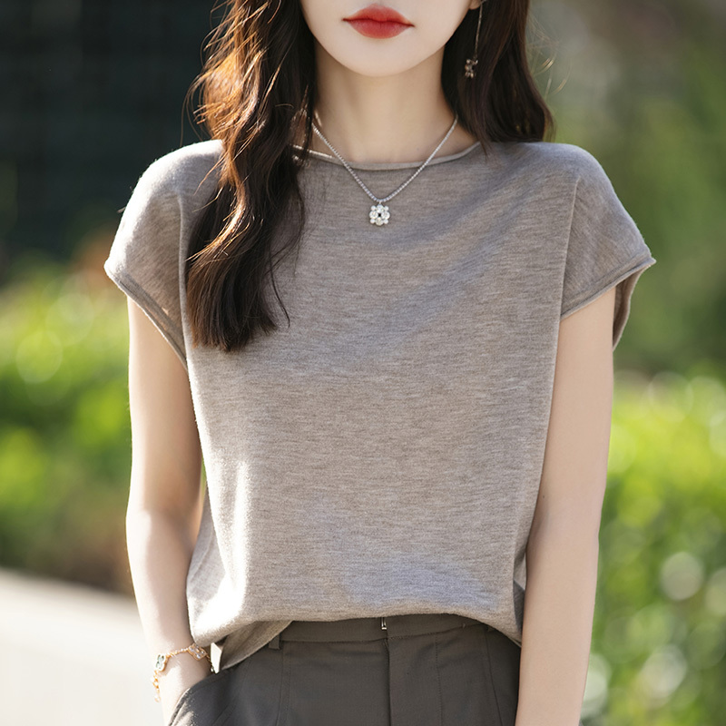 Short-Sleeved Women's 2026 Summer New Thin Rolled-Edge Round-Neck Loose Slimming Sleeveless Vest Knit Top T-Shirt
