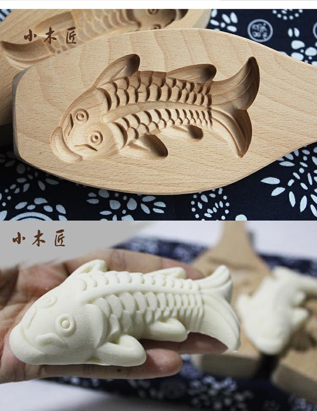 Cá chép vàng ba chiều cá chép nhỏ sinh nhật Fushou bánh bí ngô hấp đậu xanh bánh gạo tấm khuôn in bằng gỗ - Tự làm khuôn nướng khuon banh bao