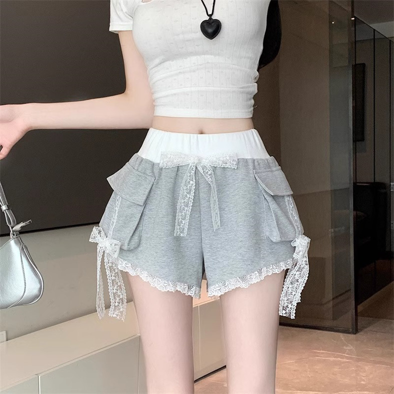 Shorts with Lace Trim for Women, Summer Casual Pants with a Stylish Design, Patchwork Bow, Workwear Wide-Leg Pants