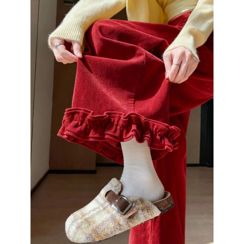 Corduroy Pants, New Styles for Spring, Autumn and Winter, This Year's Popular Hot Item, Red Ruffled High-Waisted Wide-Leg Pants for the Year of Birth