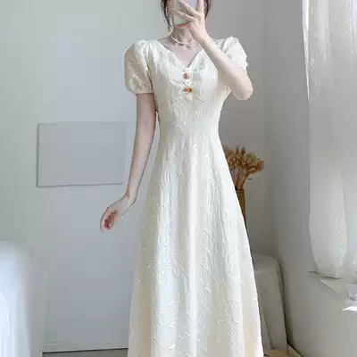 French tea break first love vintage dress summer thin special gentle wind waist vneck collarbone fairy skirt