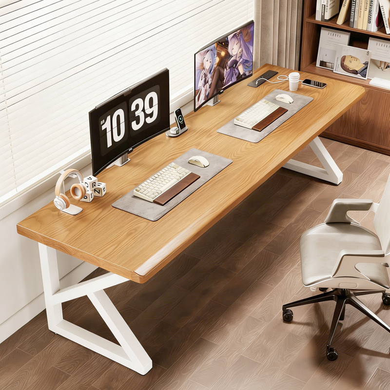 Natural Wood Color Computer Desk, Solid Wood Large Board Gaming Desk, Double Computer Desk, Desktop Home Office Desk, Natural Wood Long Writing Desk Natural Wood Color Computer Desk, Solid Wood Large Board Gaming Desk, Double Computer Desk, Desktop Home Office Desk, Natural Wood Long Writing Desk