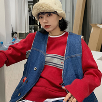 Good store MeihaoStore red good embroidery striped sweater pure cotton round neck long sleeve T-shirt men