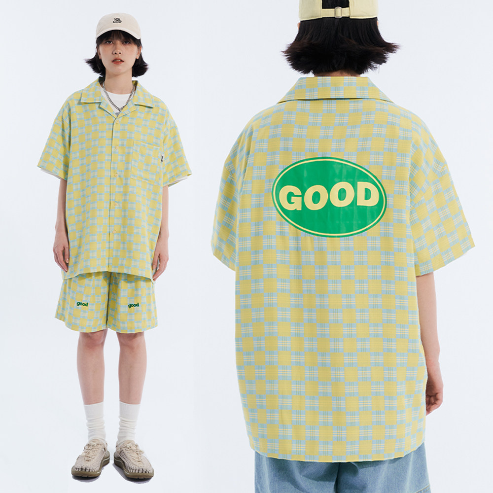 Nice store MeihaoStore yellow blue plaid good embroidery printed retro short sleeve shirt shorts suit