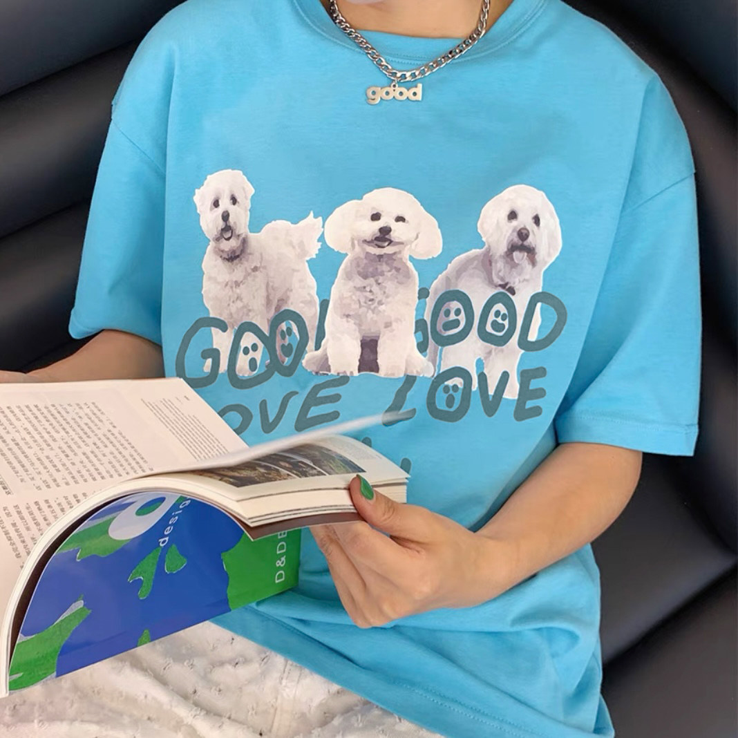 Nice store MeihaoStore cute puppies digital printed luminous letter sky blue short sleeve T-shirt lovers