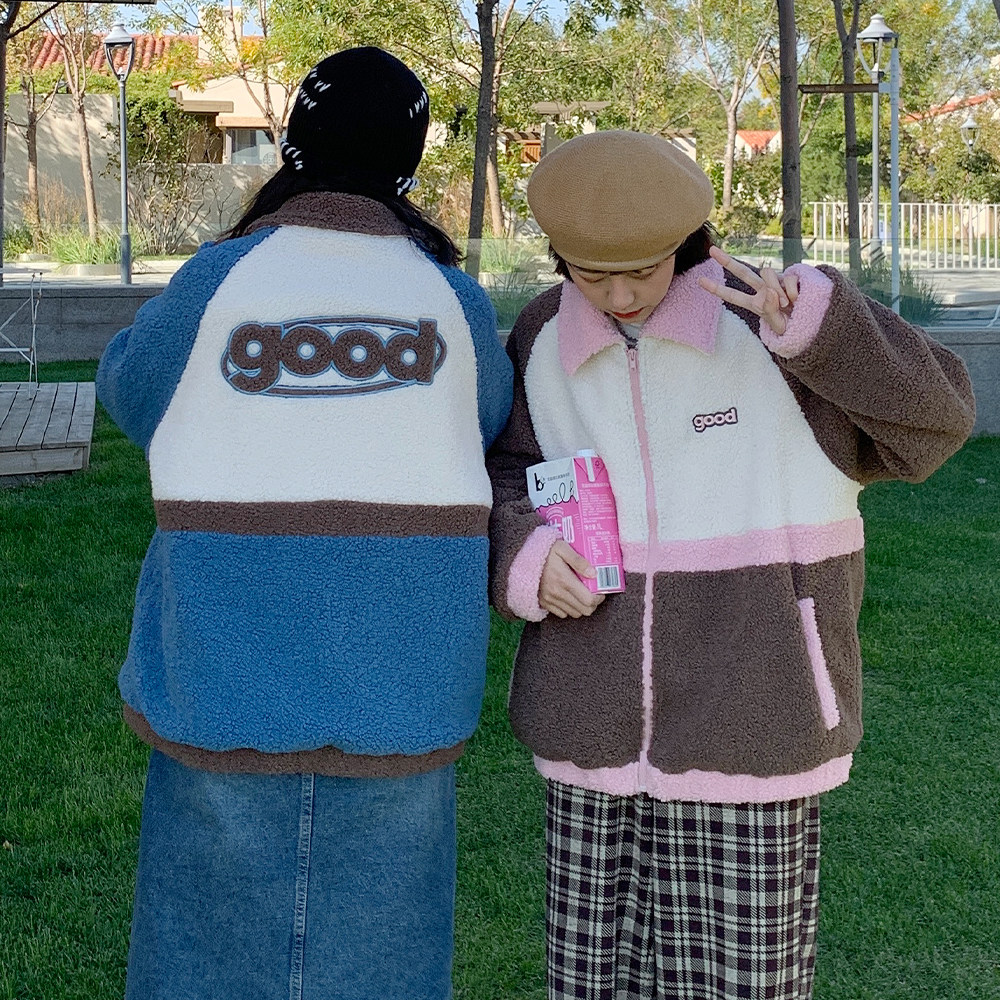 Nice store MeihaoStore splicing good embroidery sheep lamb wool suede jacket collared and velvety jacket