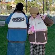 good Store MeihaoStore Splice good Embroidery Lamb Shour Coat Patchwork Patchy Color Plus Velvet Jacket