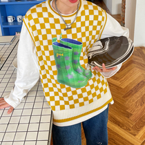 Beautiful store MeihaoStore yellow checkerboard rain boots printed knitted vest sweater sleeveless vest