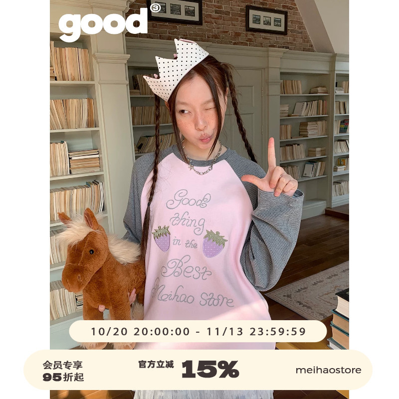 Meihaostore'Berry Trouble' Strawberry Patch Letter Embroidery Patchwork Raglan Long Sleeve T-Shirt Meihaostore'Berry Trouble' Strawberry Patch Letter Embroidery Patchwork Raglan Long Sleeve T-Shirt