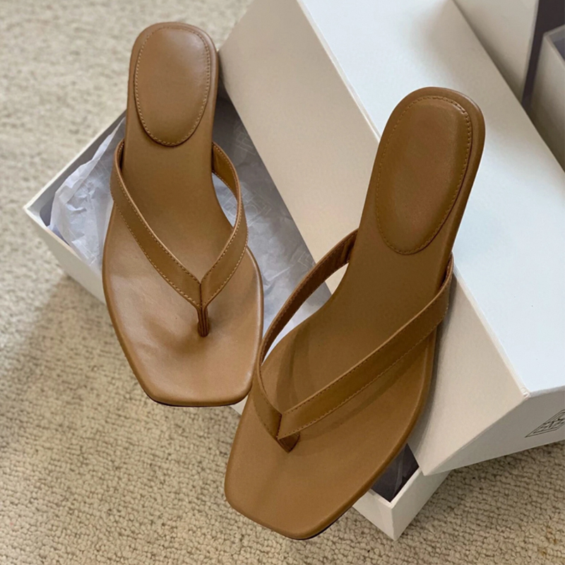 Tot*E New Summer Style Genuine Leather High-Heeled Flip-Flops for Women, French Fairy Style Square Toe Flip-Flops for Outer Wear