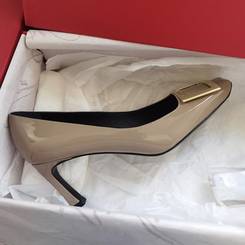 【Top Version】Square Buckle High Heels Women's Genuine Leather Stiletto Patent Leather Square Toe Pumps Elephant Gray Wedding Shoes Shallow Mouth Women's Shoes