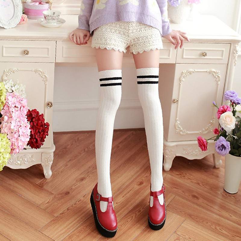 College style Japanese high tube socks Vertical stripes thin cotton knee socks Two bar socks Student female half thigh socks Female