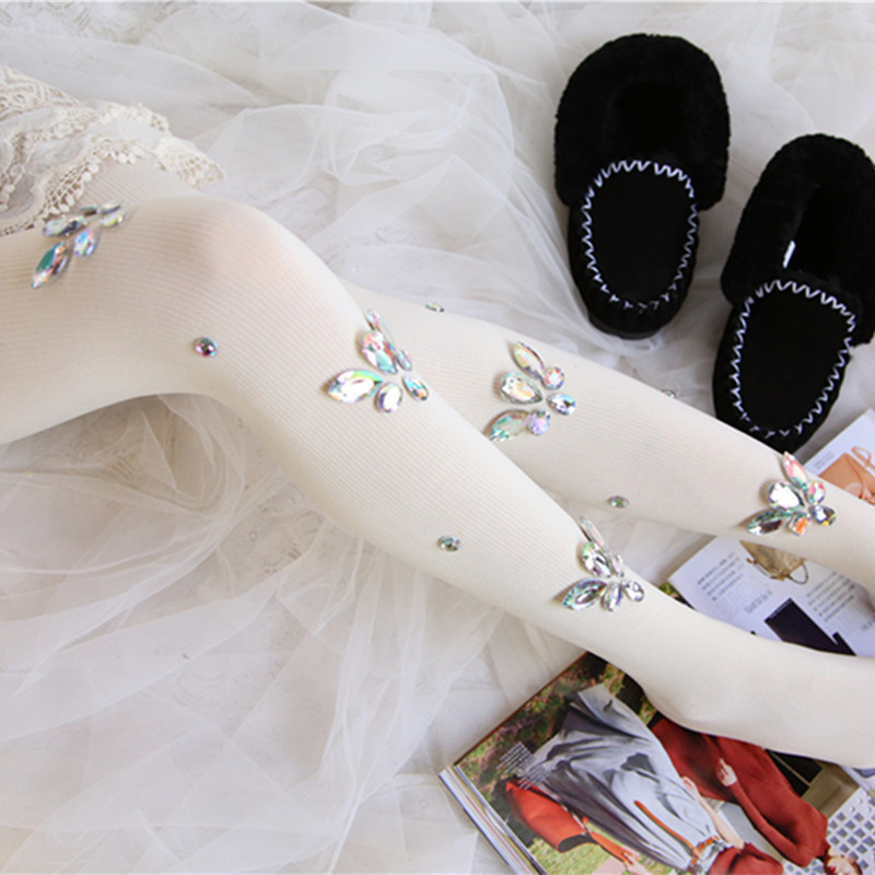 Light luxury handmade dazzling color diamond pantyhose heavy industry thin vertical stripes milk white net red socks thickened terry pressure beautiful leg socks