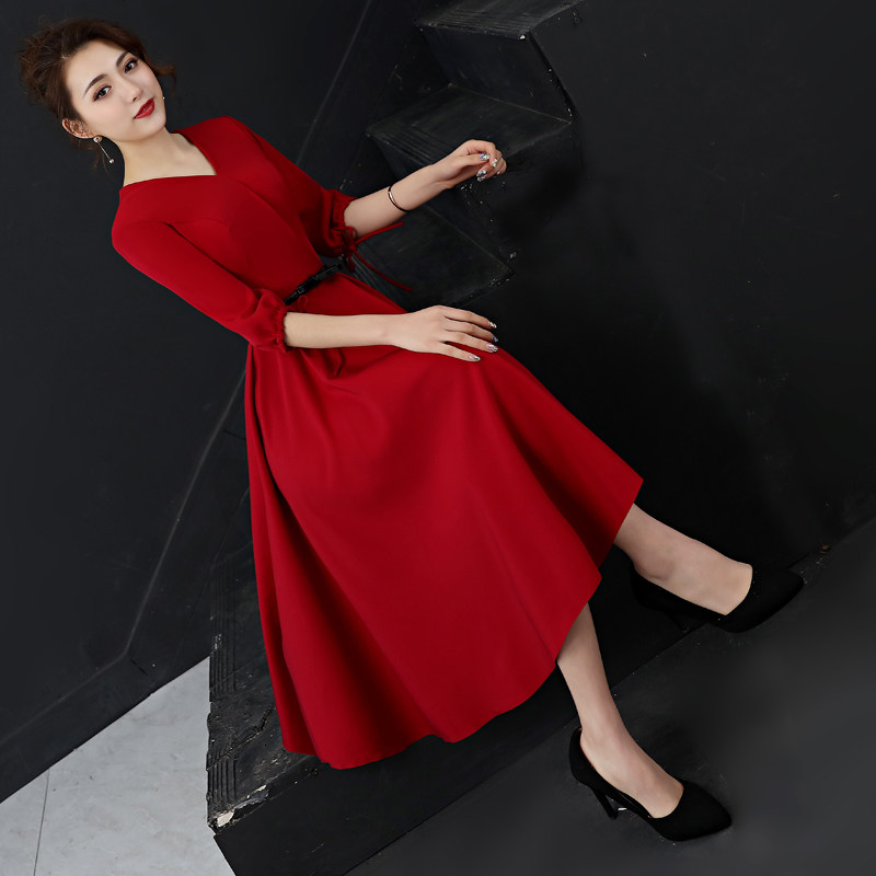 Annual meeting evening dress new wine red long version long-sleeved aura queen net red banquet dress skirt female spring and summer