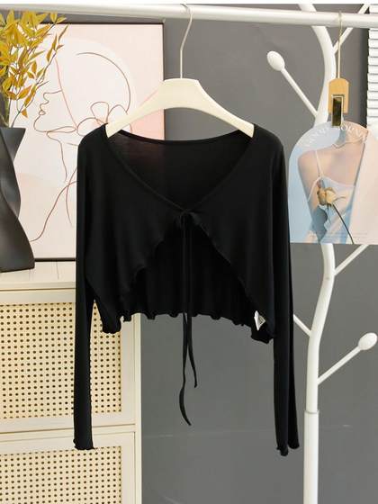 莫代尔短款开衫女夏防晒吊带裙披肩小坎肩外搭罩衫木耳边上衣外套