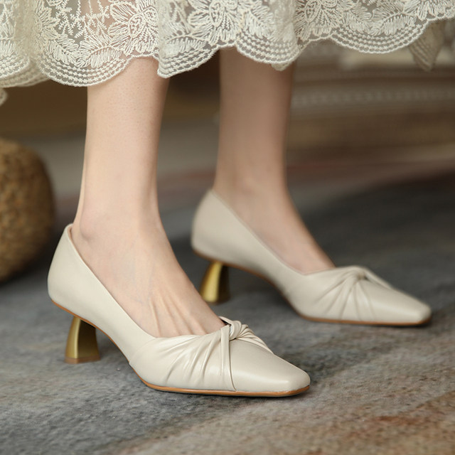 French small square head pleated bow single shoes women's retro wild thick heels high heels fairy wind gentle evening shoes