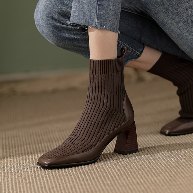 Fashion elastic thin boots women's knitted wool shoes retro square toe thick heels high heels slim socks boots spring and autumn single boots