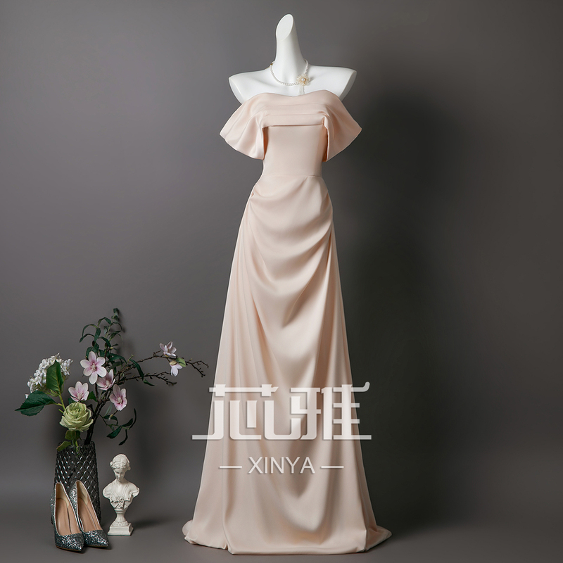 Korean Style Off-Shoulder Long Satin Dress for 18Th Birthday, Evening Gown, Toast Dress, Graduation, Art Exam, Host