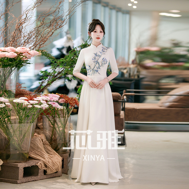 Chinese-Style Stand-Collar Host Evening Gown, Performance Dress for Art Exams and Graduations, Vocal Solo Performance Dress, Guzheng Performance Dress