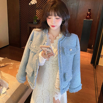 sandro asw small fragrance blue blue blue coat girl 2022 Spring Han Edition senior luxury lap collar coat