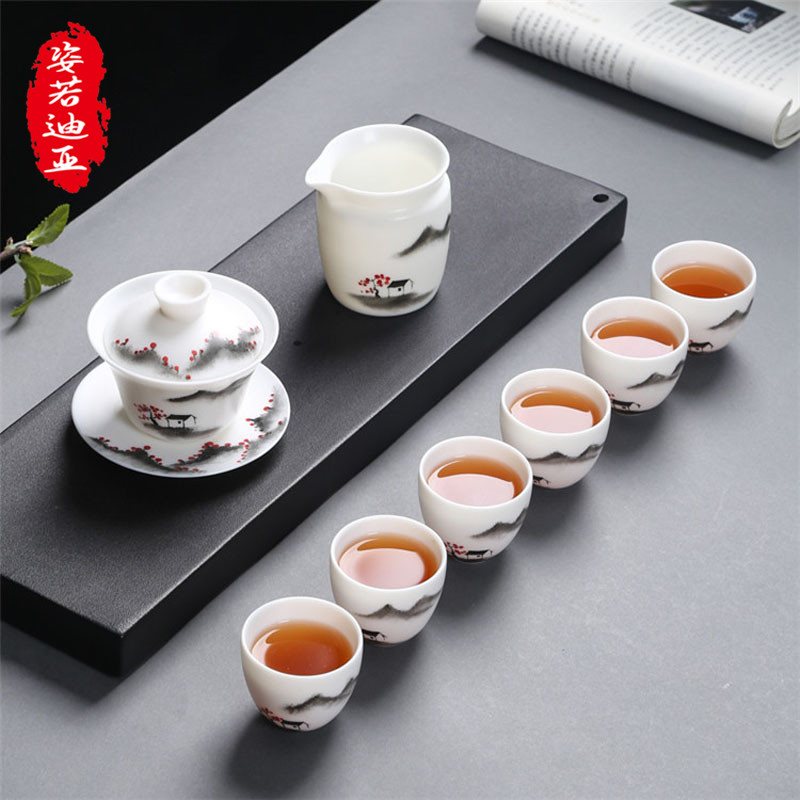 ZYRODIA defied white porcelain thin tire Gongfu tea with a whole set of ceramic tea set hand painted jade porcelain teapot cover bowl suit