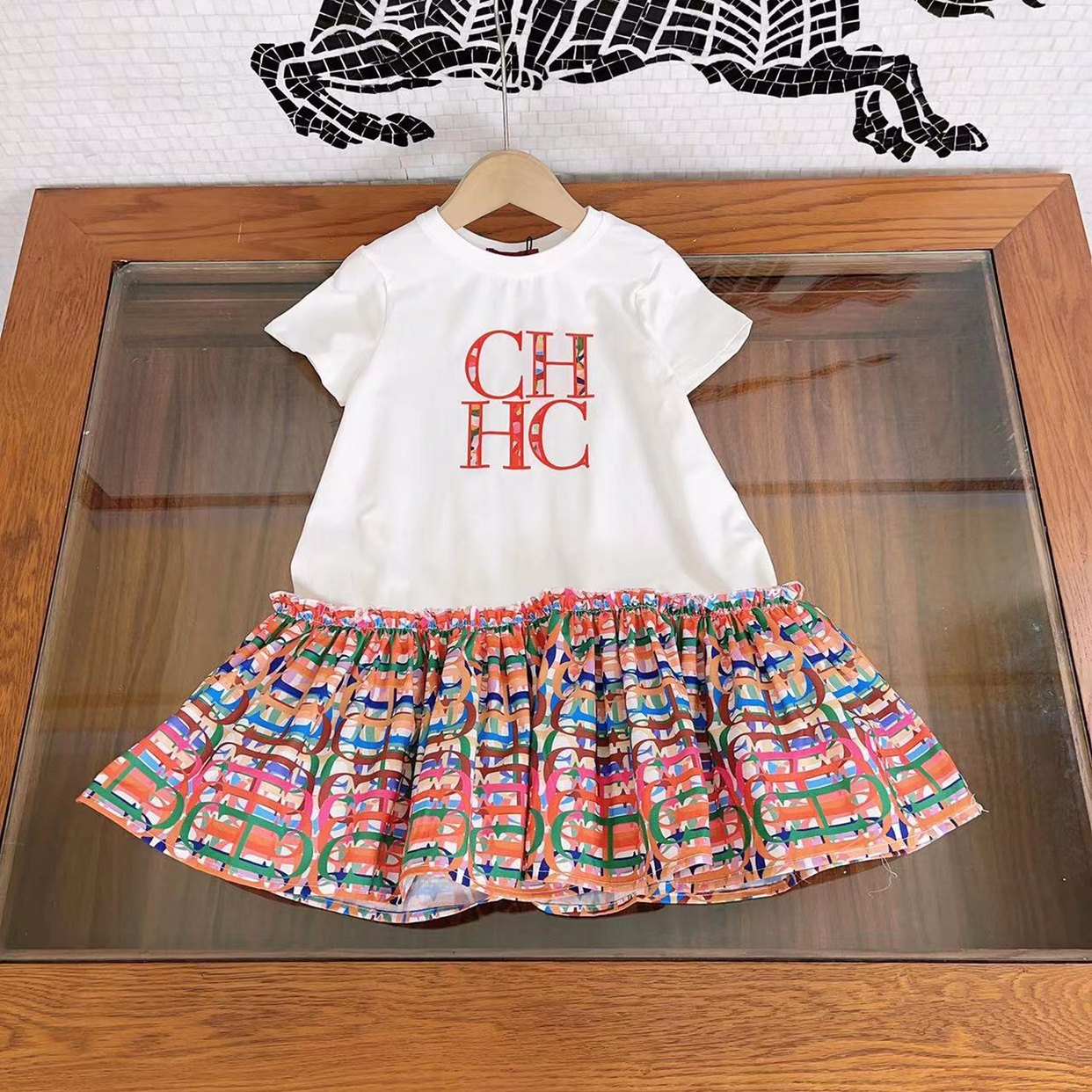 Highend children's clothing 2023 summer new girls' shortsleeved dress CH westernstyle letter