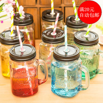 Gradient color cock cup Colorful water cup Coffee cup Mason bottle Drink cup Handle cup Straw cup with lid