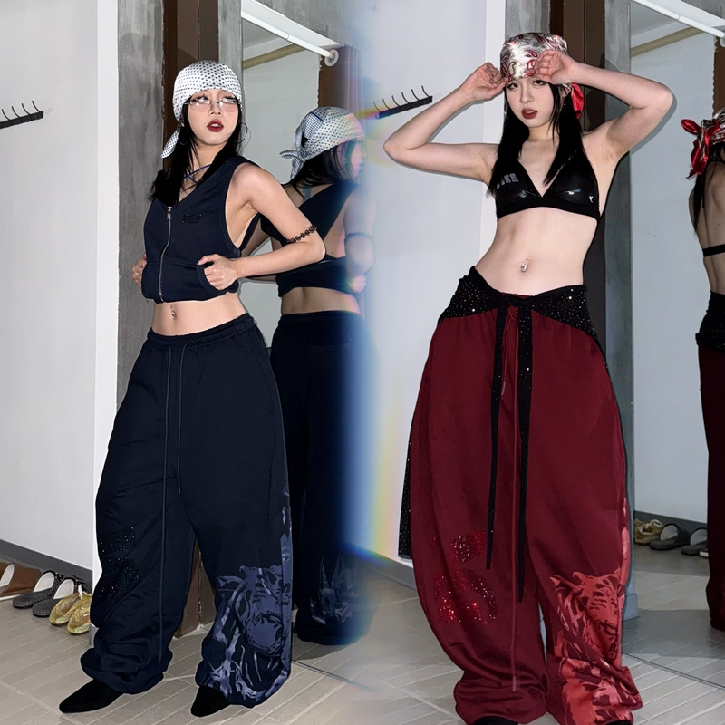 Panmie25 Original Burgundy and Navy Blue Rhinestone Tiger Pattern Casual Pants Street Style Versatile