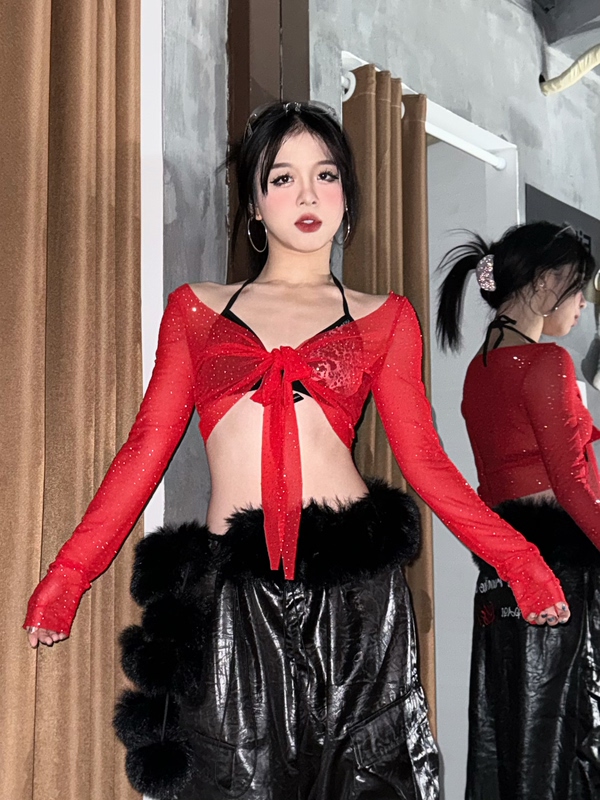 Panmie25 Original Design Red Mesh See-Through Sexy Jazz Top with Dual-Use Belt