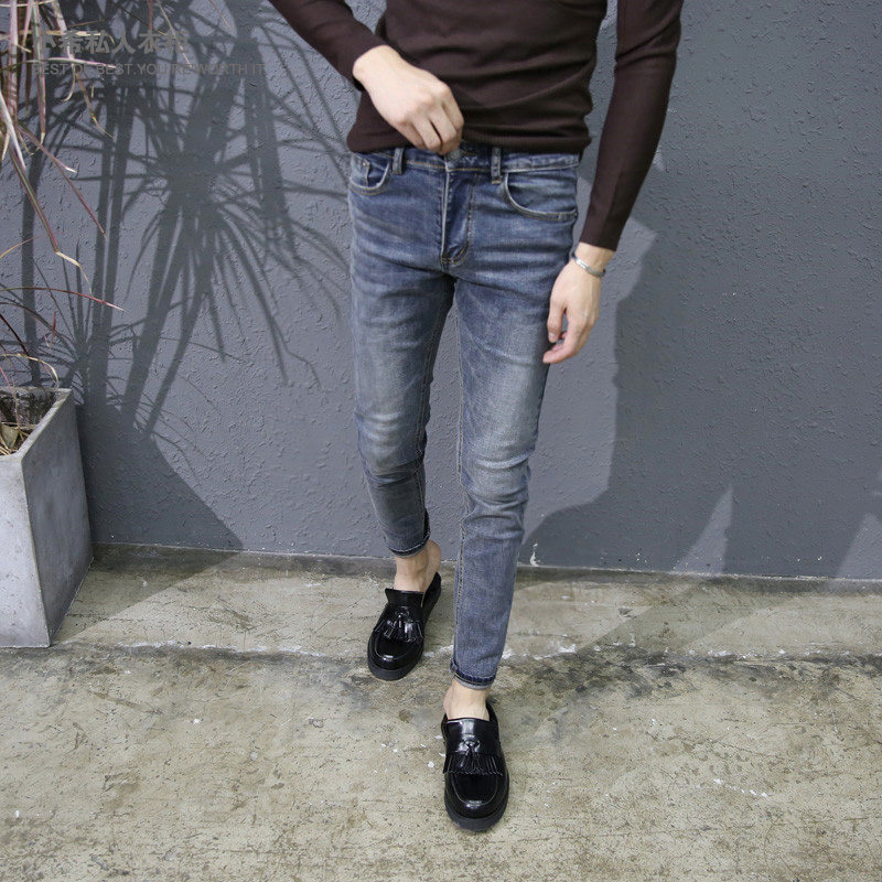 新款浅蓝色做旧小脚牛仔裤原色基础百搭款长裤贴身弹力简单款男裤