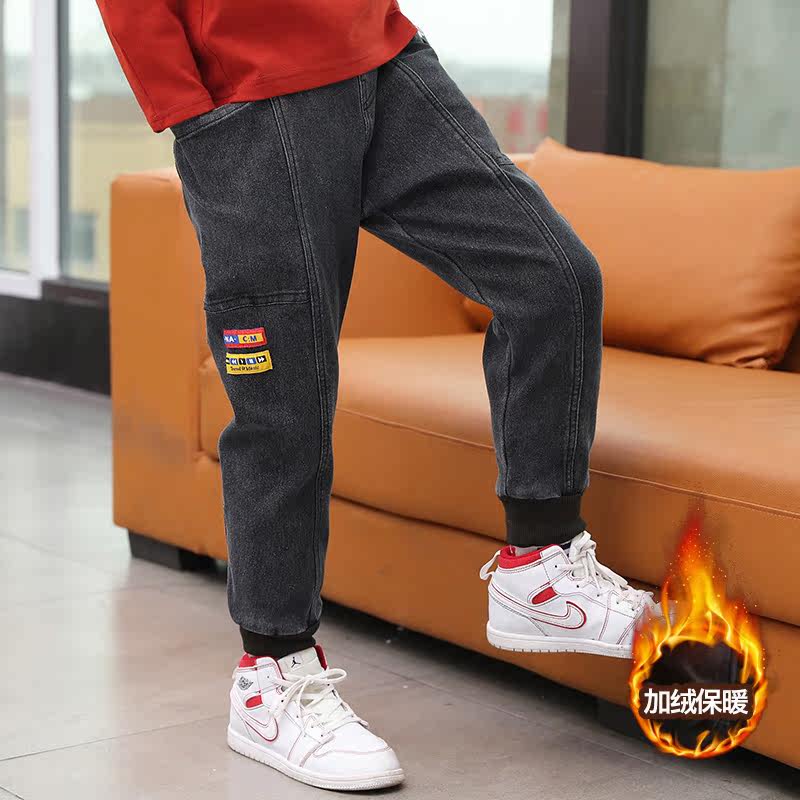 Korean boy plus jeans 2022 autumn and winter new children's warm trousers in the big baby's one - body fluff loose pants