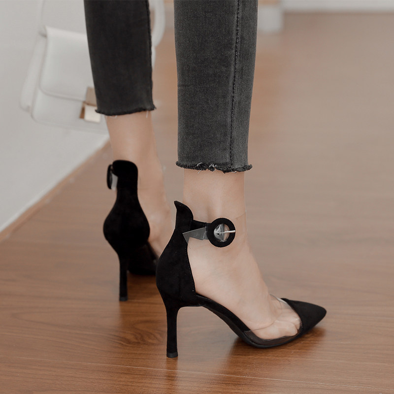 Sexy Straight Buttons Sandals 2020 New Spring 100 Hitch Heel Pointed Hollow Female Shoes Fairy Wind High Heel Single Shoes