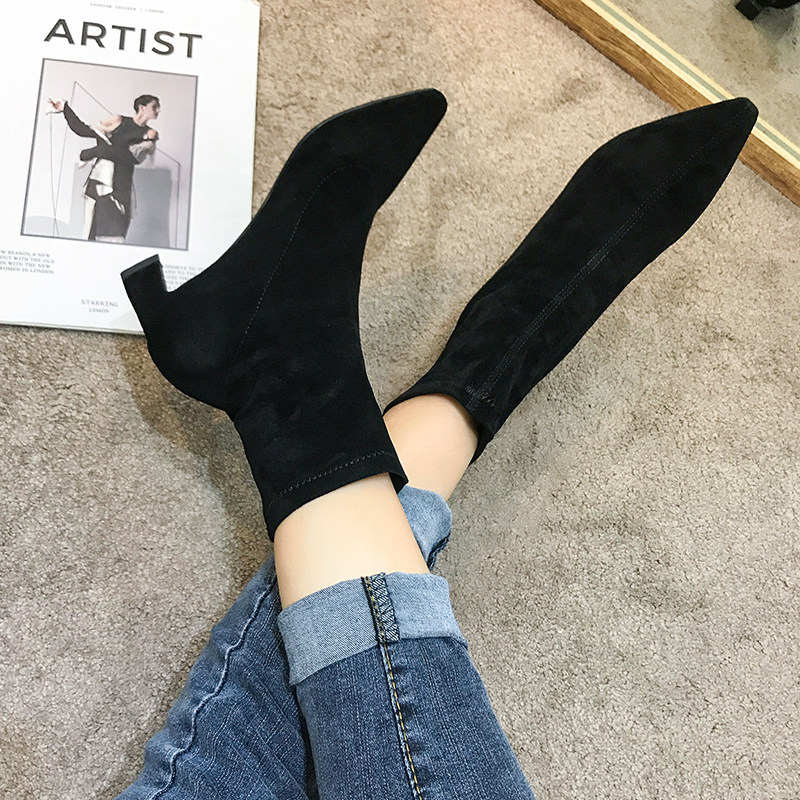 Boots children 2018 autumn and winter rough heel midcylinder suede face nude boots slim Skinny Socks Boots Low Heel Garnter Martin Short Boots