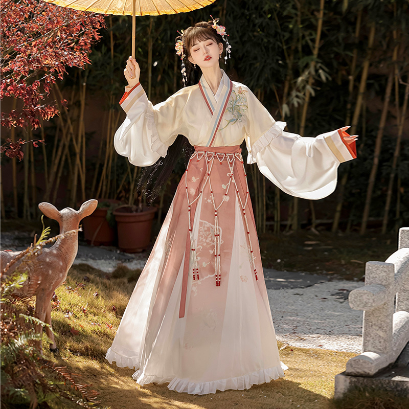Gathering Shengyao Original Han Dynasty Women [Lily of the Valley] Wei and Jin Style Embroider Cross Collar Half-Sleeved Chinese Style Gradient Waist-Length Underskirt