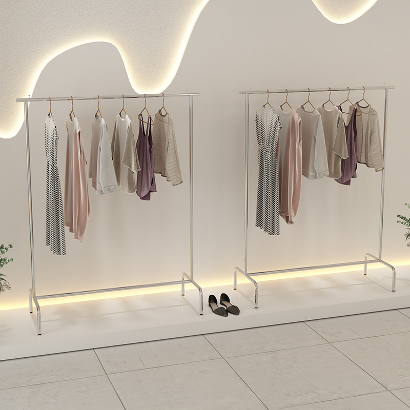 Stainless steel drawing clothing store display frame landing upper wall on the front side hanging women's clothes shelves display wheel