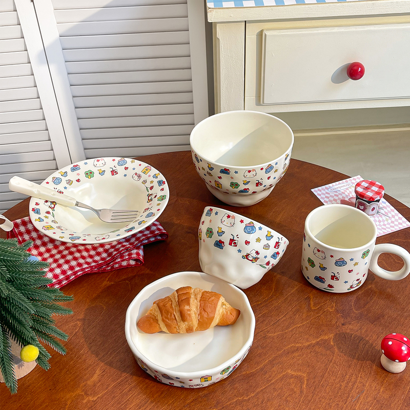 Cartoon Cute Hello Kitty Ceramic Bowl and Plate Set for Home Use, High Aesthetic Value, Handcrafted Tableware for Girls, Cups and Plates